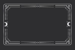 Silver celestial minimal esoteric frame, thin line border, mystyc linear decoration with dots, moon, stars corners isolated on dark background. Geometric shape, tarrot vector
