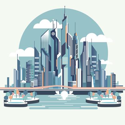 abstract futuristic city skyline, future city background, retro illustration, flat illustration