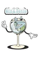 Gin Tonic retro cocktail set in groovy style. Quirky character from the 60's in a modern style. Vintage design vector