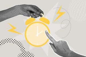 Half-tone collage.A hand holds a ringing alarm clock, the other hand shows the time. Time, Time, Hurry up. business concepts for graphic and web design, business presentations, marketing and vector