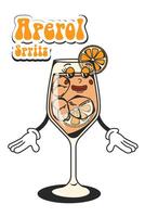 Aperol spritz retro cocktail in groovy style. Quirky character from the 60's in a modern style. Vintage design vector