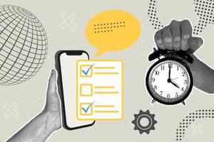 Trendy halftone collage. Hand holding a ringing alarm clock and hand with phone,used for paperless online approval . Document management concept. business concepts for graphic and web design vector