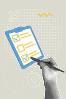 Fancy halftone collage.Concept business planning project. To-do list , pen, accomplishing tasks, check marks. Achievements and goals. Questionnaire. vector