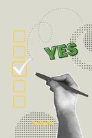 Trendy halftone collage. Approval concept. Human hand making correct checkboxes marks for project approval. vector
