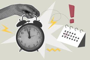 Trendy halftone collage. A hand holds a ringing alarm clock. Reminder on calendar. business concepts for graphic and web design, marketing and print materials, social media. vector