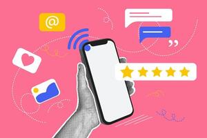 Trendy halftone collage. Concept of using wifi,communication,mail,quality assessment. Concept of business, online communication, shopping, career. Trendy modern retro vector