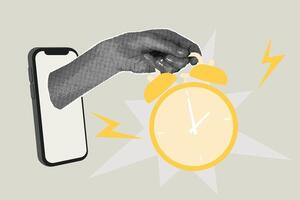 Halftone collage of alarm clock.Hand holding alarm clock. Time, Time, Hurry. business concepts for graphic and web design, business presentations, marketing and print materials, social media. vector