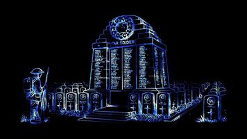 Glowing looping Remembrance Day war memorial with engraved names of fallen soldiers. neon frame effect, black background. video