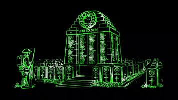 Glowing looping Remembrance Day war memorial with engraved names of fallen soldiers. neon frame effect, black background. video
