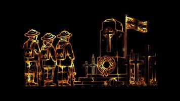 Glowing looping Remembrance Day war memorial with engraved names of fallen soldiers. neon frame effect, black background. video