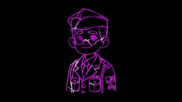 Glowing looping Remembrance Day Portrait of a veteran in uniform. neon frame effect, black background. video