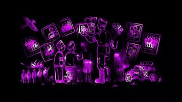 Glowing looping Remembrance Day family looking at old wartime photos. neon frame effect, black background. video