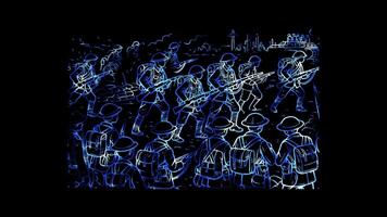 Glowing looping Remembrance Day people in a World War I battlefield scene. neon frame effect, black background. video