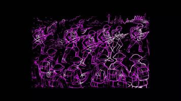 Glowing looping Remembrance Day people in a World War I battlefield scene. neon frame effect, black background. video
