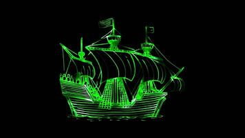 Glowing looping Thanksgiving Day Mayflower ship and Pilgrims with Native Americans. neon frame effect, black background. video