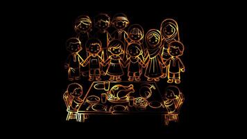 Glowing looping Thanksgiving Day global family holding hands around a Thanksgiving table. neon frame effect, black background. video