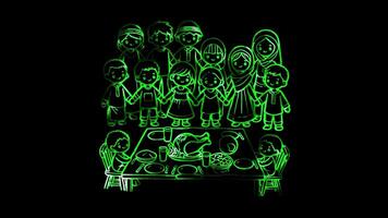Glowing looping Thanksgiving Day global family holding hands around a Thanksgiving table. neon frame effect, black background. video