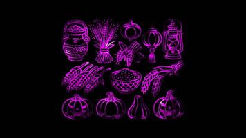 Glowing looping Thanksgiving Day collection of global harvest festivals with diverse cultural. neon frame effect, black background. video