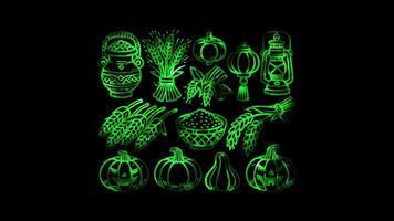 Glowing looping Thanksgiving Day collection of global harvest festivals with diverse cultural. neon frame effect, black background. video
