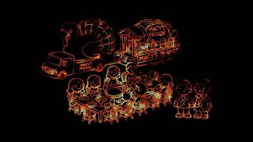 Glowing looping Thanksgiving Day family dinner and Macy's Parade float. neon frame effect, black background. video