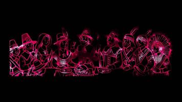 Glowing looping Thanksgiving Day Pilgrims and Native Americans sharing a meal. neon frame effect, black background. video