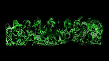Glowing looping Thanksgiving Day Pilgrims and Native Americans sharing a meal. neon frame effect, black background. video
