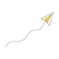 Paper plane continuous one line drawing on white background. vector