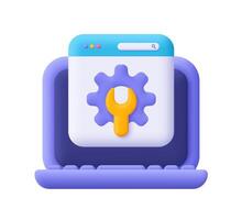 Laptop webpage browser with gear and wrench. Online support, settings, repair service and technical support concept. 3d icon. Cartoon minimal style. vector
