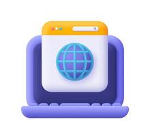 Laptop with webpage and world wide web symbol. Internet, globe hyperlink, browser and internet communication concept. 3d icon. Cartoon minimal style. vector