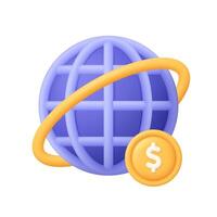 Globe with dollar coin. Internet banking and finance, global business, money transaction concept. 3d icon. Cartoon minimal style. vector