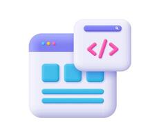 Webpage with code symbol. Web Development, software engineering, programming and coding concept.. 3d icon. Cartoon minimal style. vector