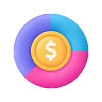 Pie chart diagram and dollar coin in the middle. Finance and business analysis, budget and investment concept. 3d icon. Cartoon minimal style. vector