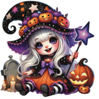 Little Witch with Jack-o'-Lanterns and Star Wand in Halloween Scene , isolated on transparent background png