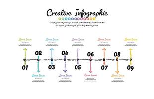 Hand drawn infographic. 9 steps with text boxes can be used for timeline. Diagram for workflow. Can be used for workflow layout, process diagram, flow chart. vector