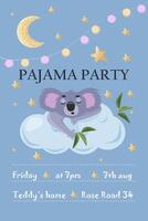Children party invitation. Pyjamas party for kids. Koala bear sleeping on a cloud. Moon and stars. Hand drawn illustration on the blue background. vector