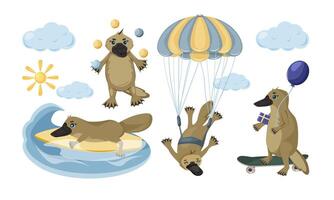 Childrens cute animal set. Duck billed platypus illustration. Platypus on a skateboard. Platypus juggles balls. Platypus with a parachute. Duckbill surfs and catches a wave. vector