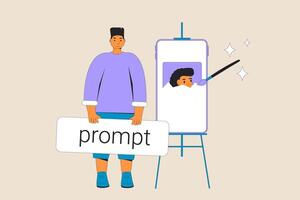 Prompt engineering. Man standing near unfinished painting on the easel. vector