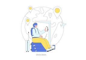 Drain brain migration. Digital nomad. Young person sitting on the suitcase and working online. vector