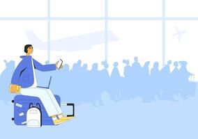 Digital nomad. Young man sitting on the suitcase and working with laptop waiting for a flight. vector