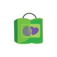 Shopping bag with heart and target icon in flat style on a white background. green shopping basket design with a unique logo embedded. Shopping cart illustration element design vector