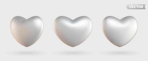 Collection of 3D shiny realistic heart balloons in white, displayed from different angles. vector