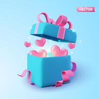 3D open blue gift box with pink ribbon filled with flying hearts over blue background. 3D rendering of a modern holiday surprise box. vector