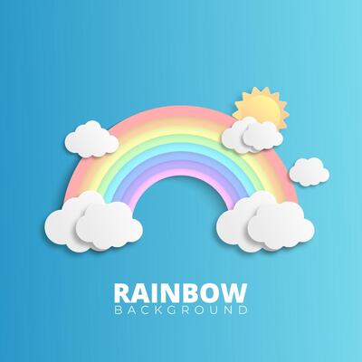 rainbows and clouds in the sky. Graphic design for Rainbow. flying hearts. Paper cut and craft styles.