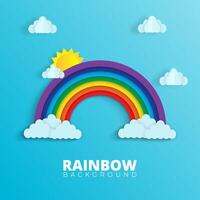 rainbows and clouds in the sky. Graphic design for Rainbow. flying hearts. Paper cut and craft styles. vector