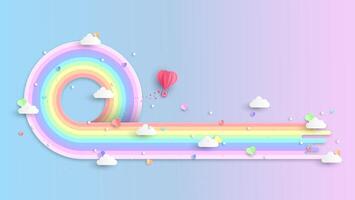 rainbows and clouds in the sky. Graphic design for Rainbow. flying hearts. Paper cut and craft styles. vector