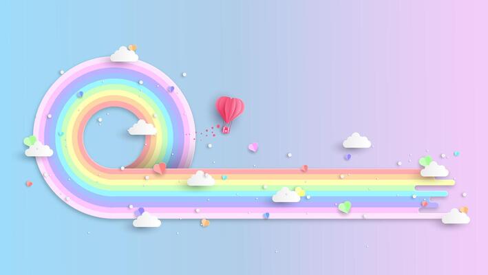 rainbows and clouds in the sky. Graphic design for Rainbow. flying hearts. Paper cut and craft styles.
