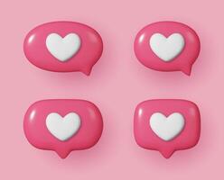 Set of 3D icon chat button with white heart. Perfect for love themed designs. Realistic and isolated on pink background. vector