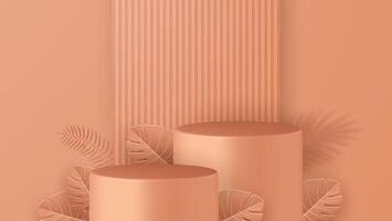 3D podium with Paper cut style illustrator elements of leaf on background. vector