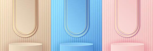Set of realistic 3D cylindrical podiums in pink, yellow and blue, placed in an arched window. Create an abstract studio with geometric platform that is suitable for displaying products and promotions. vector