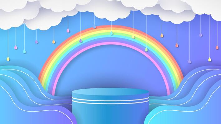 Circular stage podium season decorated with clouds, rainbow and blank space. Summer season backdrop. paper cut and craft style.
